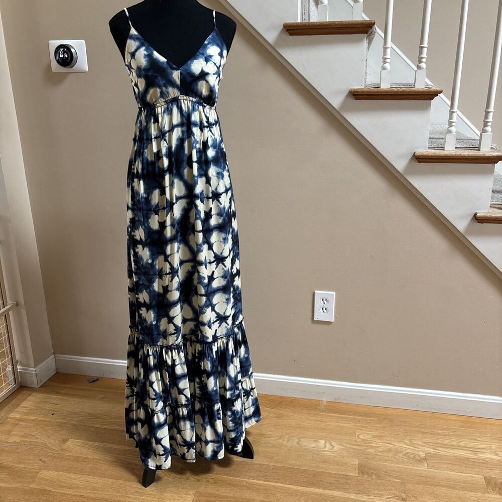 Perry Walker Collective Silk Blend Annie Blue White Tie Dye Maxi Dress Size SM
